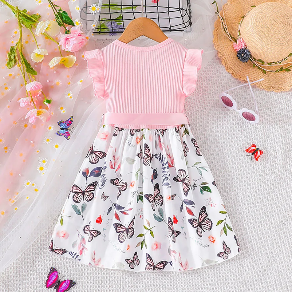 Chic and Playful Girls Summer Casual Dresses with Flutter Sleeves and Pitted Stripes Adorned with Eye Catching Butterfly Prints