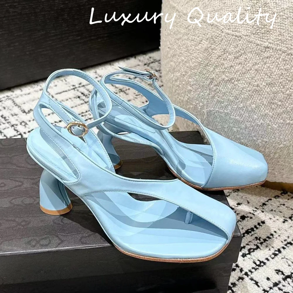 

Summer Women's Genuine Leather Square toe sandals with heels Solid Color Solid Color Open Toe Hollow Out Ankle Strap Sandals