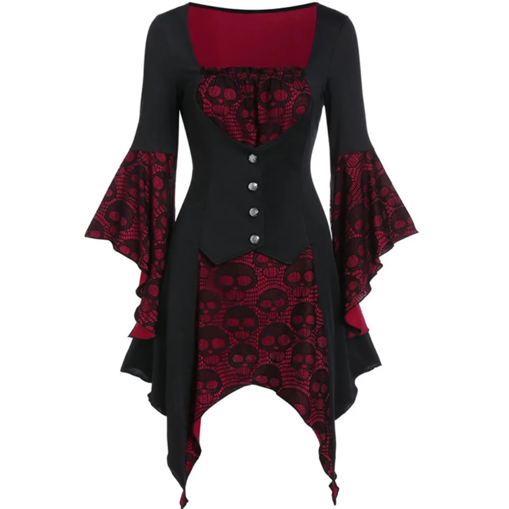 

Women's Lace Skull Head Strap Button Top High Waist Dresses Halloween Theme Party Vampire Cosplay Flared Sleeve Back Dress