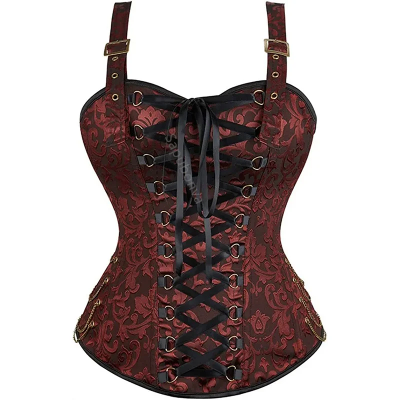 Sapubonva brown corset top with straps pirate steampunk plus size vintage jacquard women Victorian Gothic costume Renissance Red