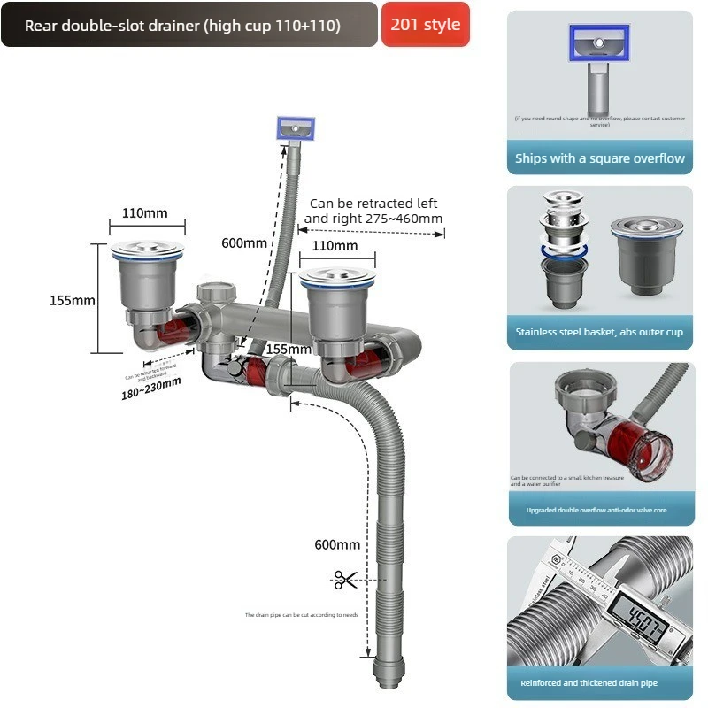 Rear-Mount Space-Saving Anti-Odor Drain Pipeline Universal Kitchen & Bathroom Sink Drainage Pipe Fittings - view 4