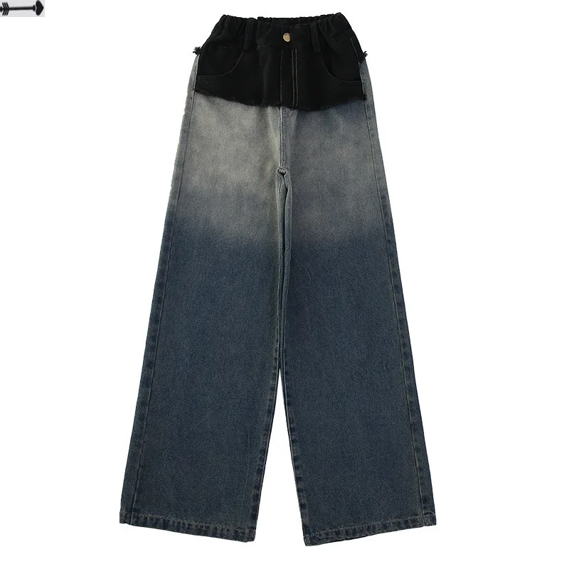 Autunno Ragazze Adolescenti Gradiente Denim Pantaloni a gamba larga 8 10 12 14 Junior Bambini Jeans Bambini Splicing Pantaloni in vita Vestiti della