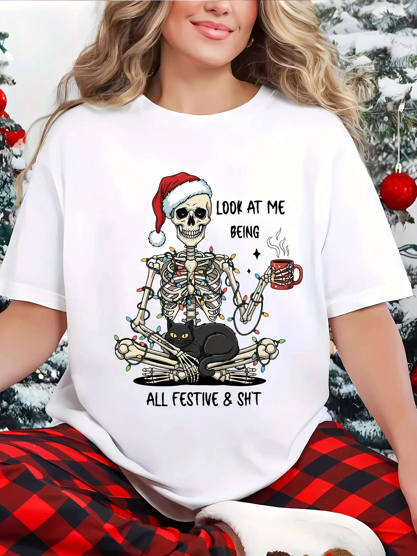 Women's Classic Round Neck Short Sleeve Tops Christmas Cartoon Skeleton Santa Hat Gift Box Snowflake Print T Shirt Clothes Y2k