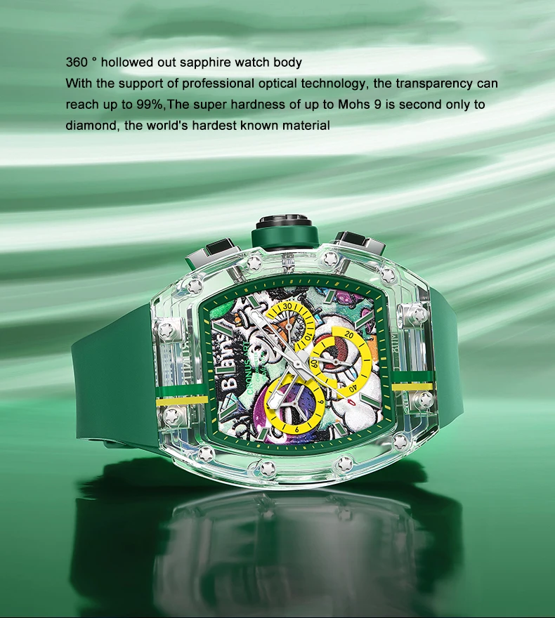 CRONUSART Orologio cronografo da uomo 50MM Tonneau Orologio da polso meccanico Cassa in zaffiro Cinturino in gomma fluorurata luminosa Grandi finestre triple