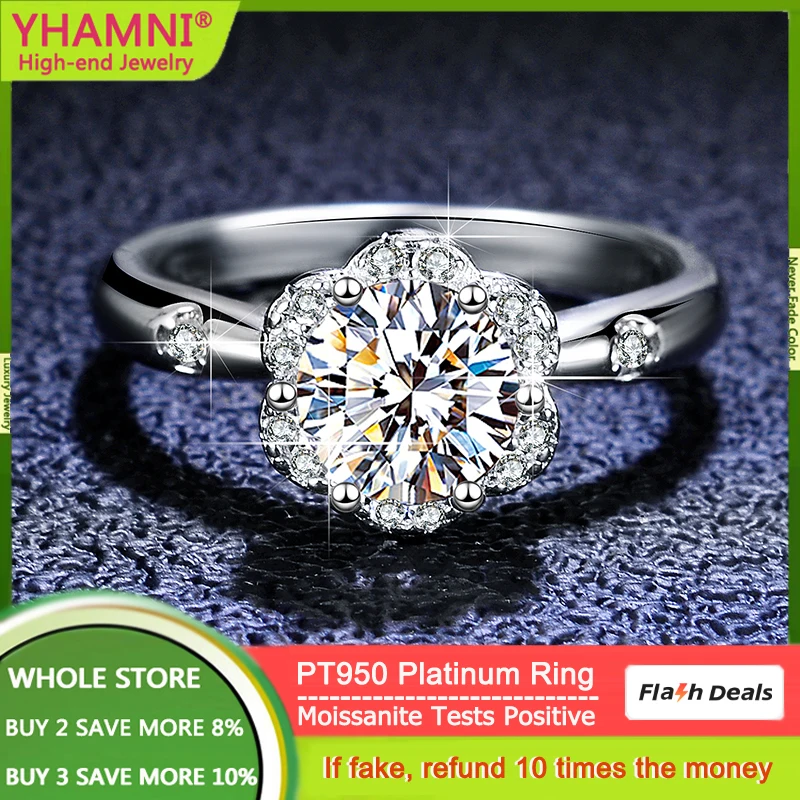 YHAMNI Luxury Eternal PT950 Platinum Ring Elegant Flower Bud 1 Carat VVS1 D Color Moissanite Diamond Wedding Rings for Women