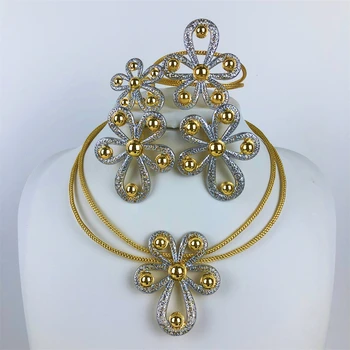 ESALE, nueva joyería para mujer, conjunto de collar de diseño clásico de dos tonos, pendientes de flores, pulsera y anillo, conjunto completo de joyería para fiesta, tendencia