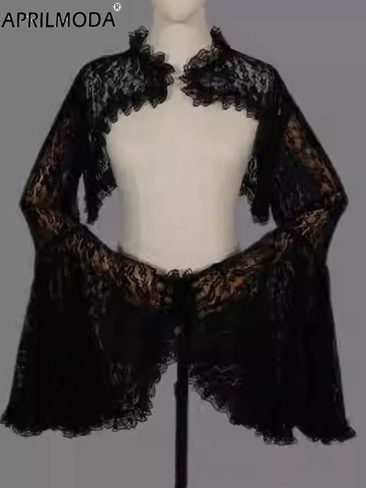

2025 кружевные расклешенные рукава, накидки для вечерних платьев, черный стимпанк, косплей, праздничная вечеринка, готическое болеро в стиле панк, кардиган