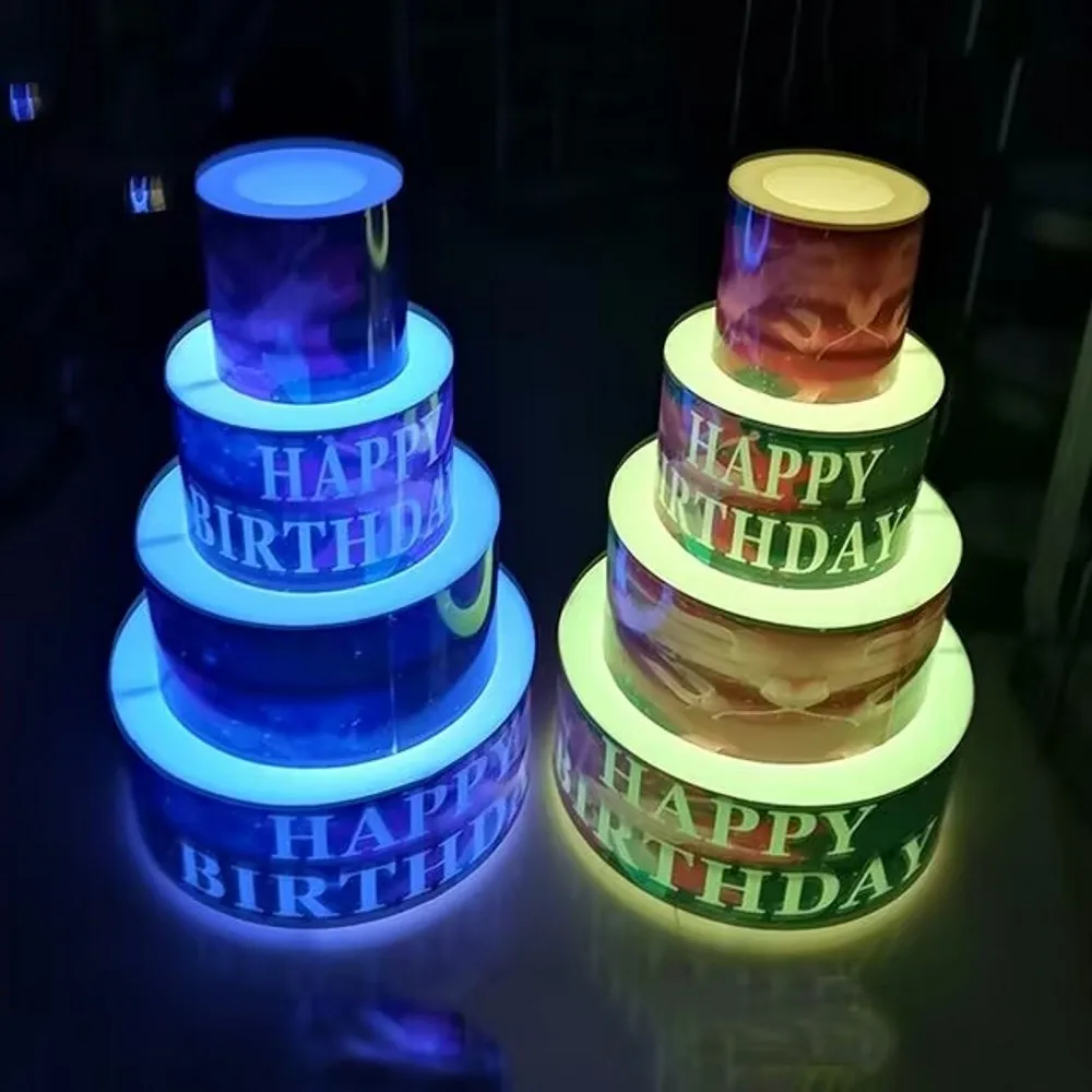 

3Tier LED Glowing Wrapped Happy Birthday Party LED Cake Display Stand Champagne Wine Vodka Whiskey Tequila Bottle Presenter Hol