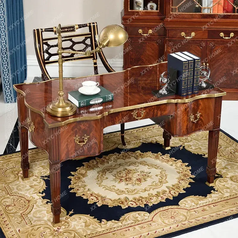 X-S Discount English luxury solid wood desk neoclassical high-end villa pure copper desk book chair combination furniture HG