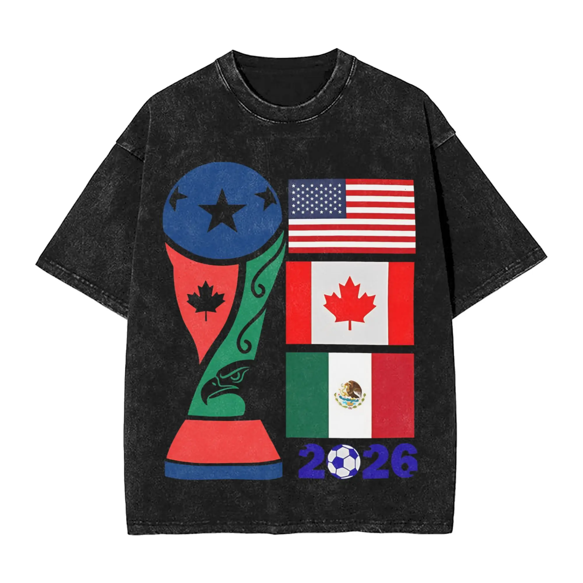 T-shirt Hip Hop Lavé à Manches Courtes Unisexe Vintage Streetwear Été - Thème Football Amérique du Nord 2026