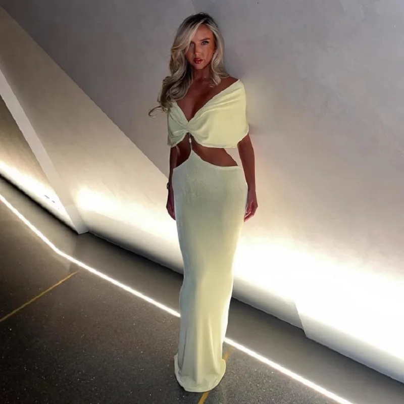 Vestido largo amarillo plisado con cuello en V elegante para mujer, vestidos de cintura alta ajustados recortados a la moda, nuevos vestidos de playa para vacaciones de verano