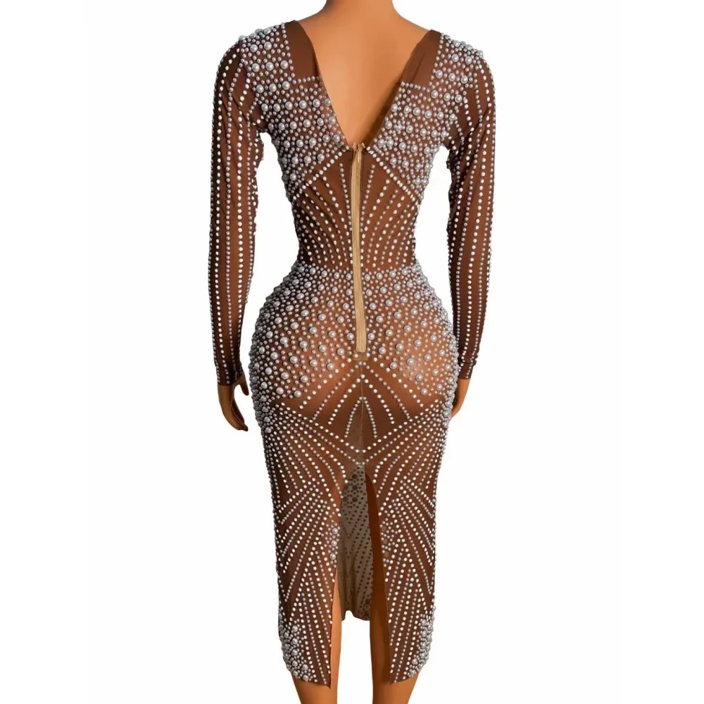 Brown Shining Rhinestones Long Sleeve Sexy Women Sheath Split Dress Evening Party Club Clothing Stage Singer Dancing Costume