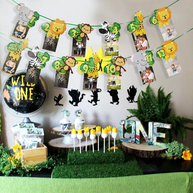 Jungle Animal Theme 1-12 Months Photo Frame Banner Baby 1st  Birthday Decorations Baby Boy Girl My First One Year Party Supplies image 3