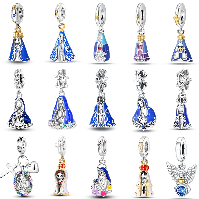 925 Sterling Silver Nossa Senhora Aparecida Dangle Cross Charms Pendants Fit Pandora Original Bracelets DIY Jewelry For Women