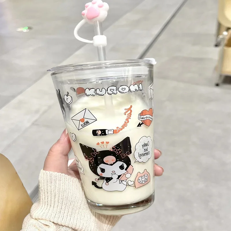 

Cinnamoroll Kuromi Anime Kawaii Sanrio Glass Straw Cup Cute Cartoon Pochacco Milk Cup with Lid Household Toys for Girls