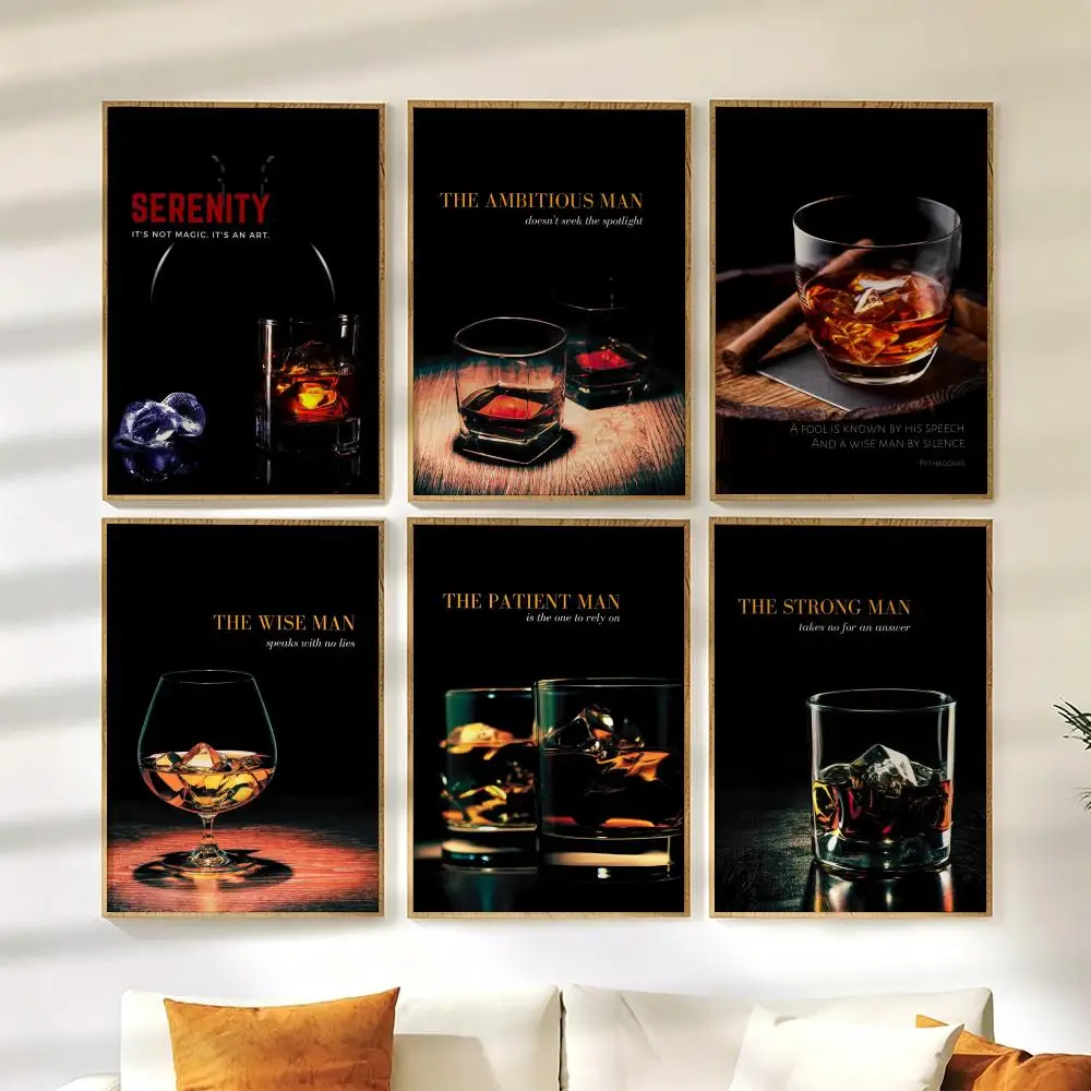 Whiskey Cigars Cocktail Poster Wall Stickers HD Painting Self Adhesive Art Decals for Bedroom Living Room Home Decor