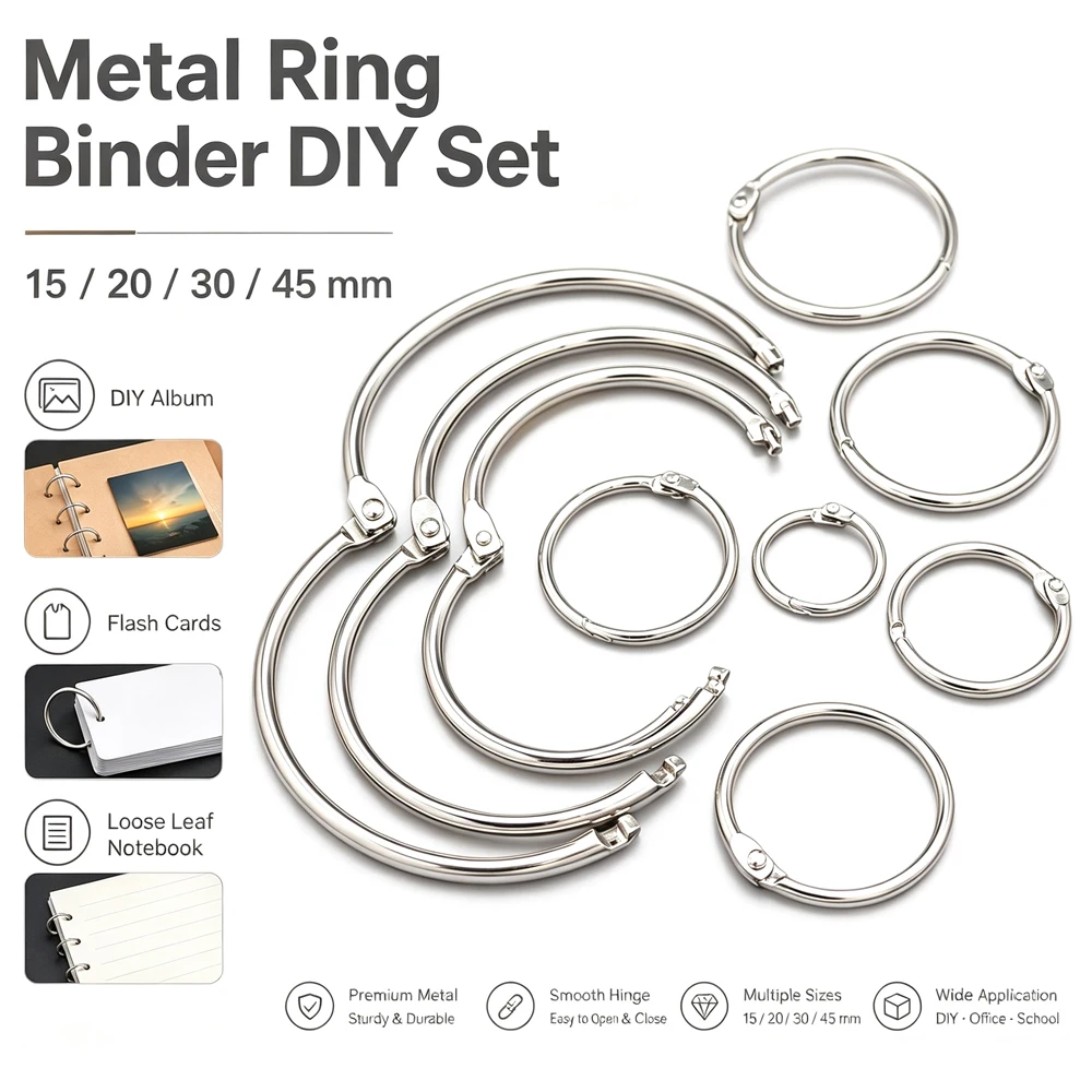 15/20/30/45mm Silver Metal Ring Binder Set DIY Loose Leaf Book Hoop Open Office Binding Supplies Album Fine Writing Tool