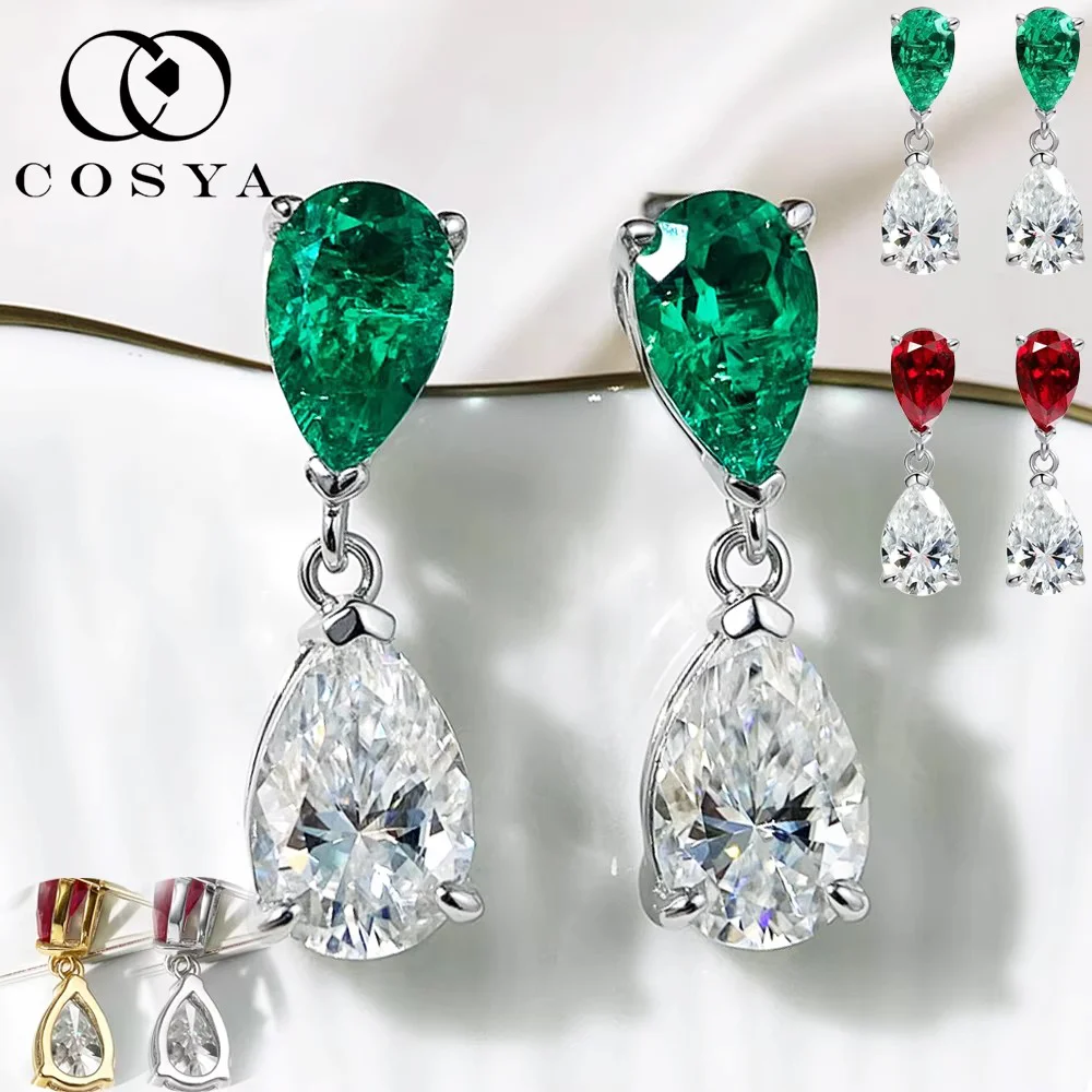 

COSYA 5cttw Pear Cut Lab Grown Colombian Emerald/Moissanite Drop Earrings For Women S925 Silver Waterdrop Wedding Fine Jewelry