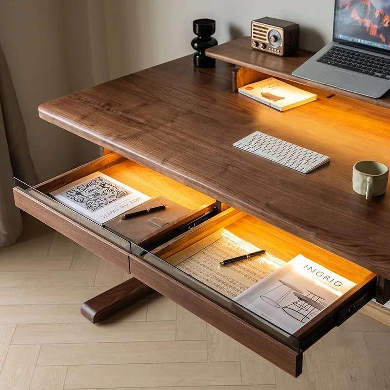 North American black walnut electric lifting desk, solid wood smart office computer desk