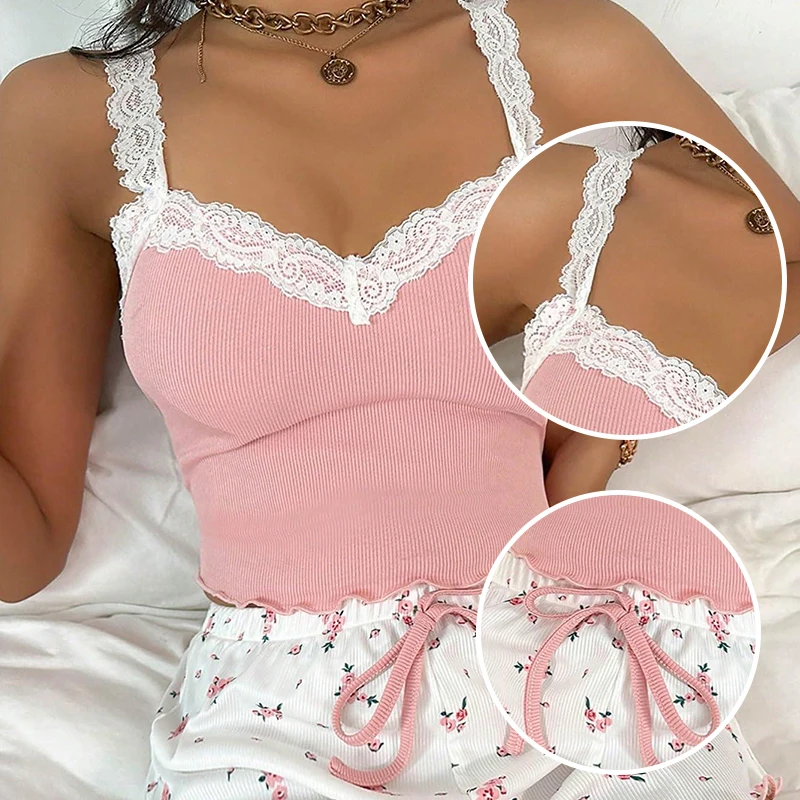 Women\'s Two-Piece Ribbed Knit Lace Patchwork Set With Lace Shoulder Strap Top And Cute Flower Shorts Pajamas