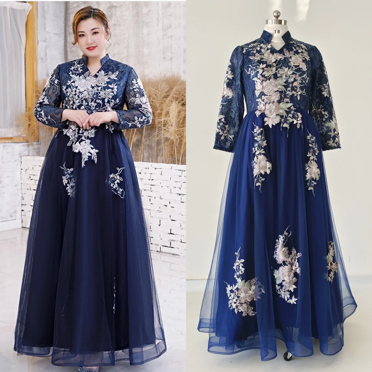 

Feelingarden Plus size Evening Dress Navy Blue Embroidery Lace Full Sleeves Robe De Soiree A Line Floor Length Women Party Gown