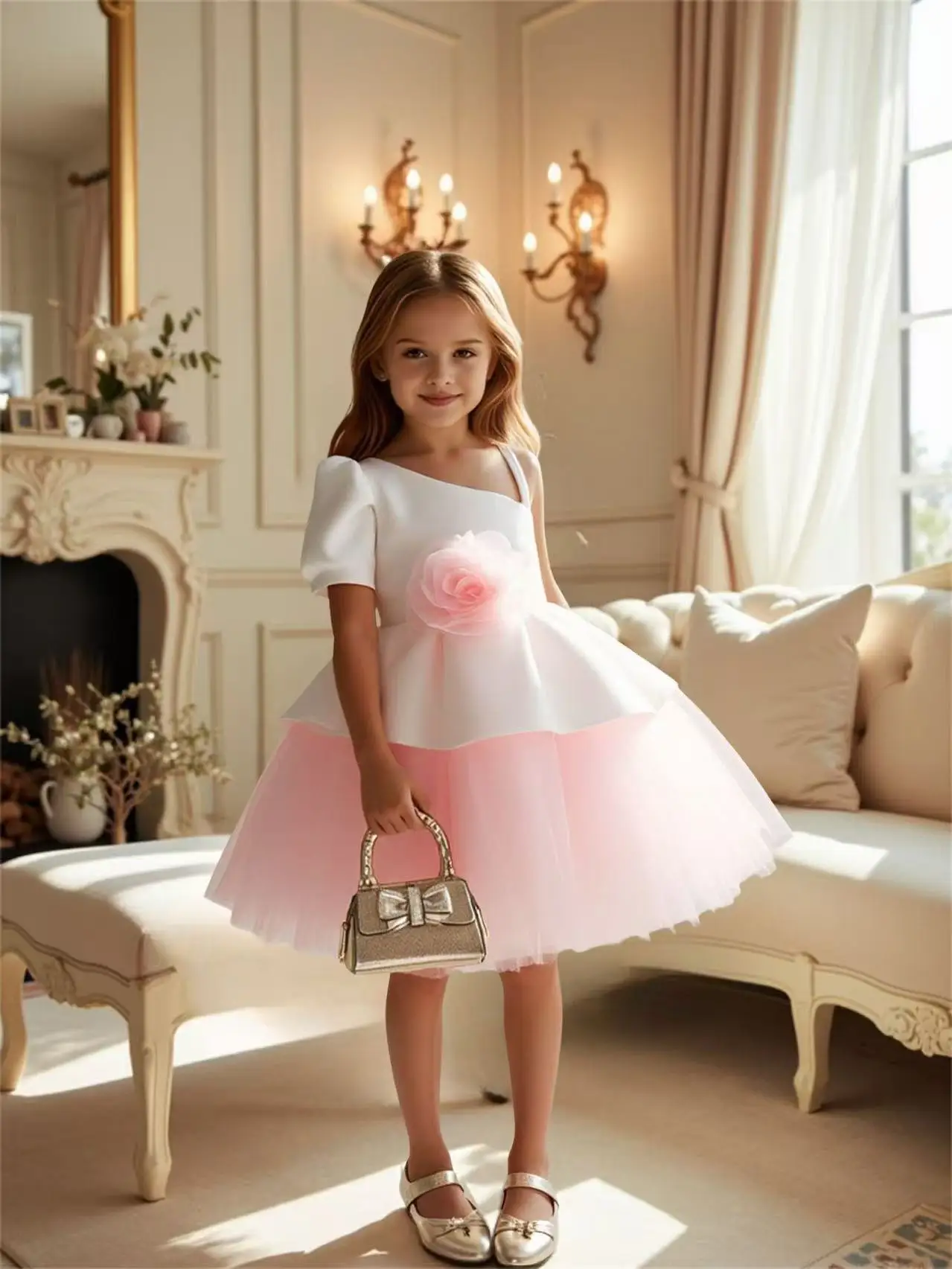 New Children's Dresses Party Princess 3D Three-Dimensional Flower Mesh Flower Girl Dresses Female 100-130CM