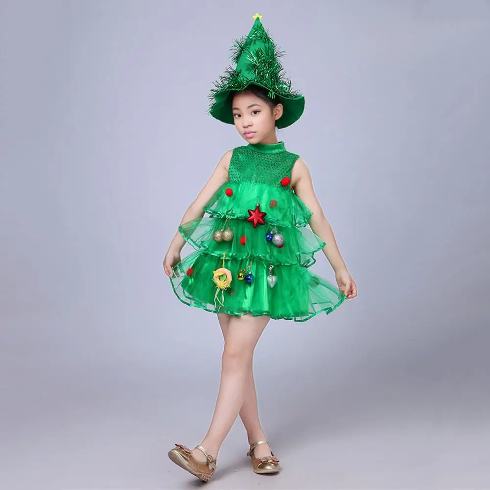 2026 Children Christmas Dress Multi Pendant Decor Scattered Cake Hem Sleeveless Stand Collar A-line Cosplay Stage Show Performan