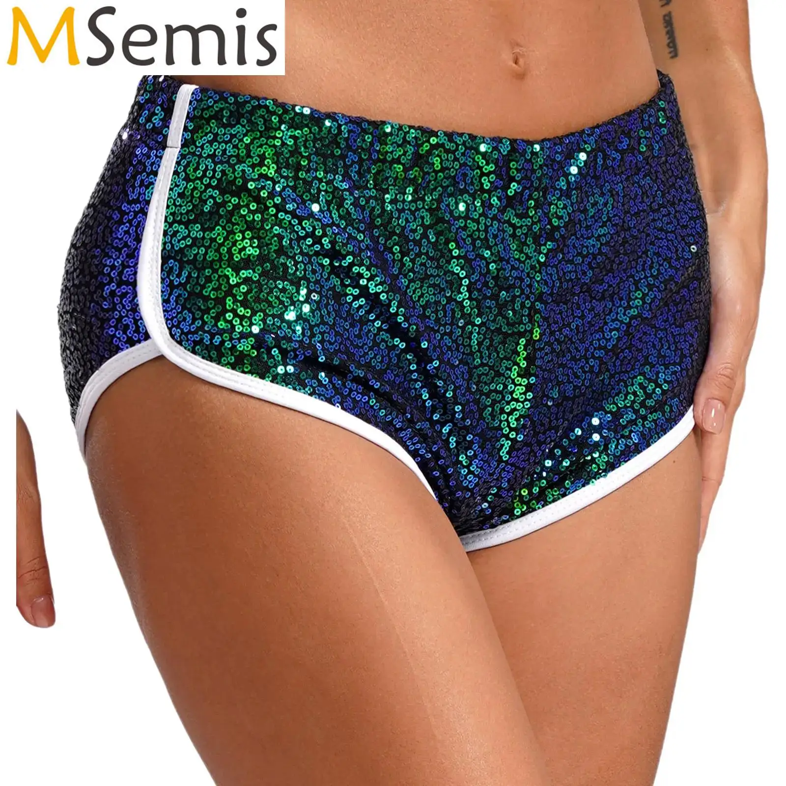 Womens Sparkly Sequin Low Rise Cheerleading Pole Dancing Booty Shorts Elastic Waistband Fully Lined Cheeky Shorts Hot Pants