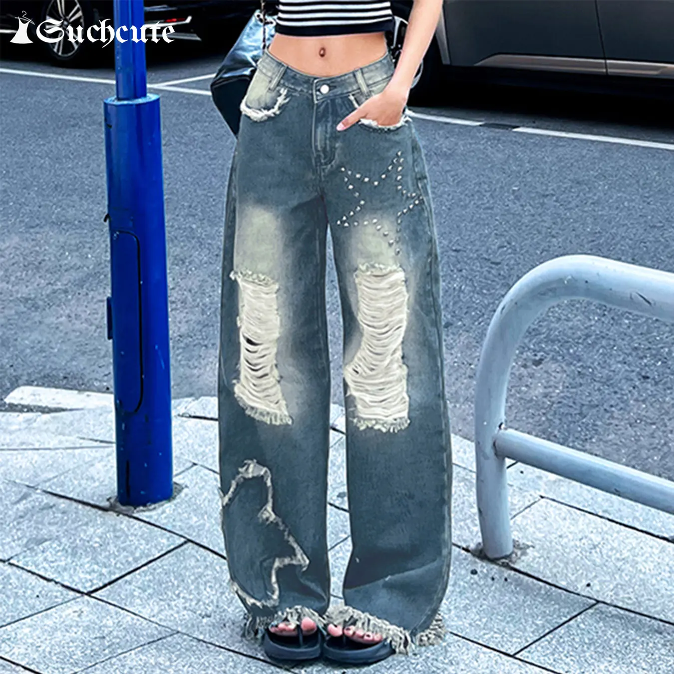 

SUCHCUTE Streetwear Hole Jeans With Star Rhinestone Y2k Vintage Low Waist Dragging Denim Pants Women Wide Leg Straight Trousers