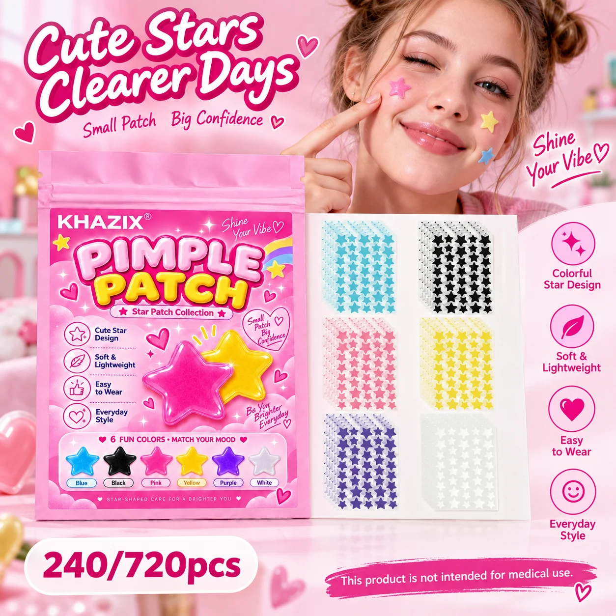 Multi colored star acne patch - six color fun star shaped mixed size, easy to apply for daily spot coverage