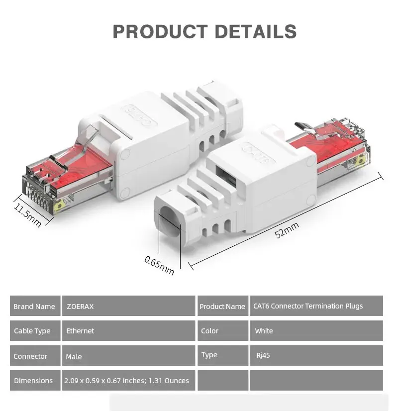 ZoeRax 2pcs Tool Free RJ45 CAT6 Connector Ethernet Termination Plugs, 23AWG to 26AWG Cable Internet Plug Installation Toolless