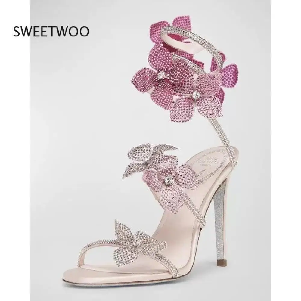 

Women's Lace Flower Rhinestone Snake Wrap Ankle Strap Stiletto Heel Sandals Western Fashion