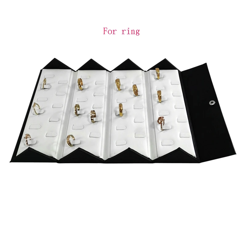 Portable Foldable Jewelry Storage Box Black Leather Outer and White Leather Inner Jewelry Box Rings Necklace Pendant Container
