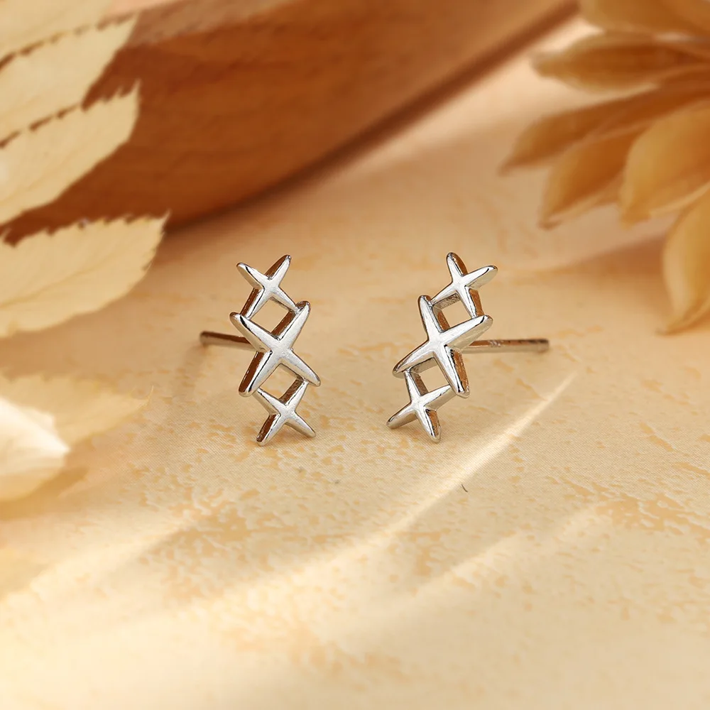 Star zircon earrings for women, fashionable and personalized, cross shaped X-letter earrings, three star earrings, fashionable a