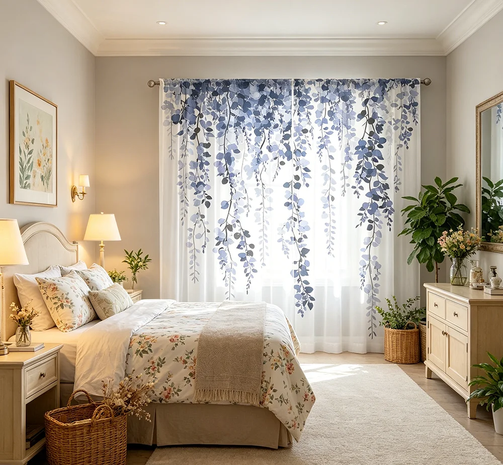 2PCS Digital Printed Sheer Curtain, Blue Hanging Vine Leaves, Botanical Waterfall Foliage for Living Room Bedroom Home Decor