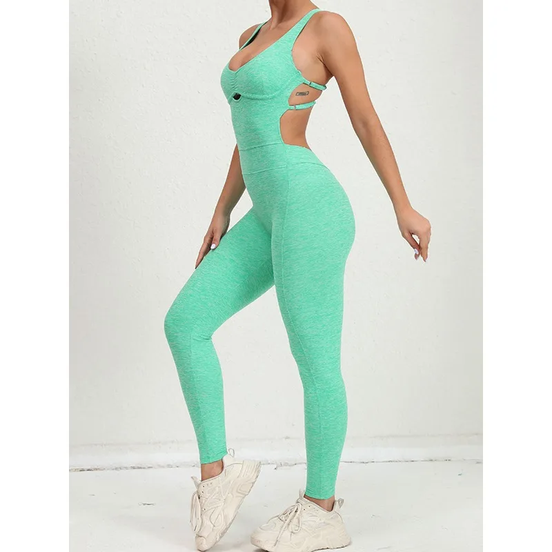 

Krisnanas Mint Green Women's Jumpsuit 2025 Fitness Breathable Sporty Cross Back Skinny Solid Color Yoga Long Jumpsuits 155120