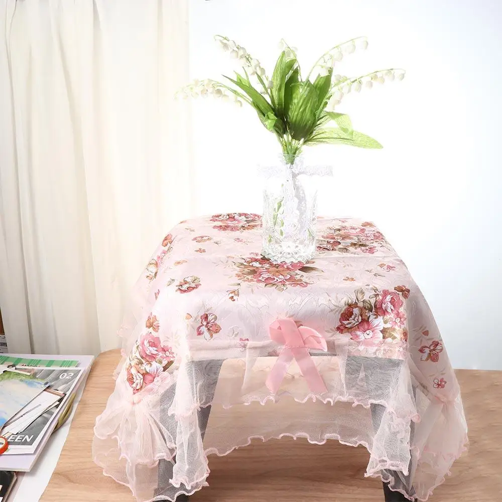 Fashion Bedside Cabinet Dust-proof Lace Table Cloths Pink Flower Rectangular Table Cover Decoration