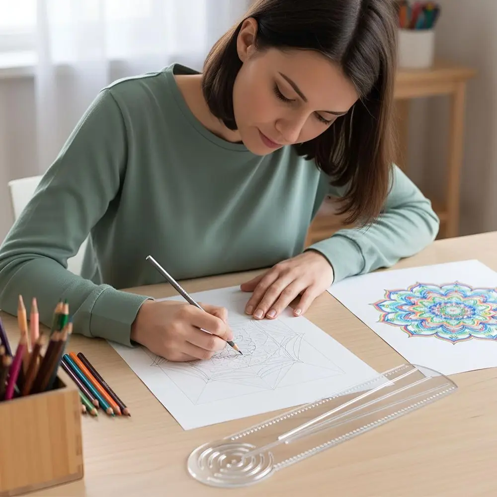 Durable Mandala Drawing Stencil Acrylic Reusable Geometry Pattern Ruler Transparent 3-in-1 Compass Protractor Ruler