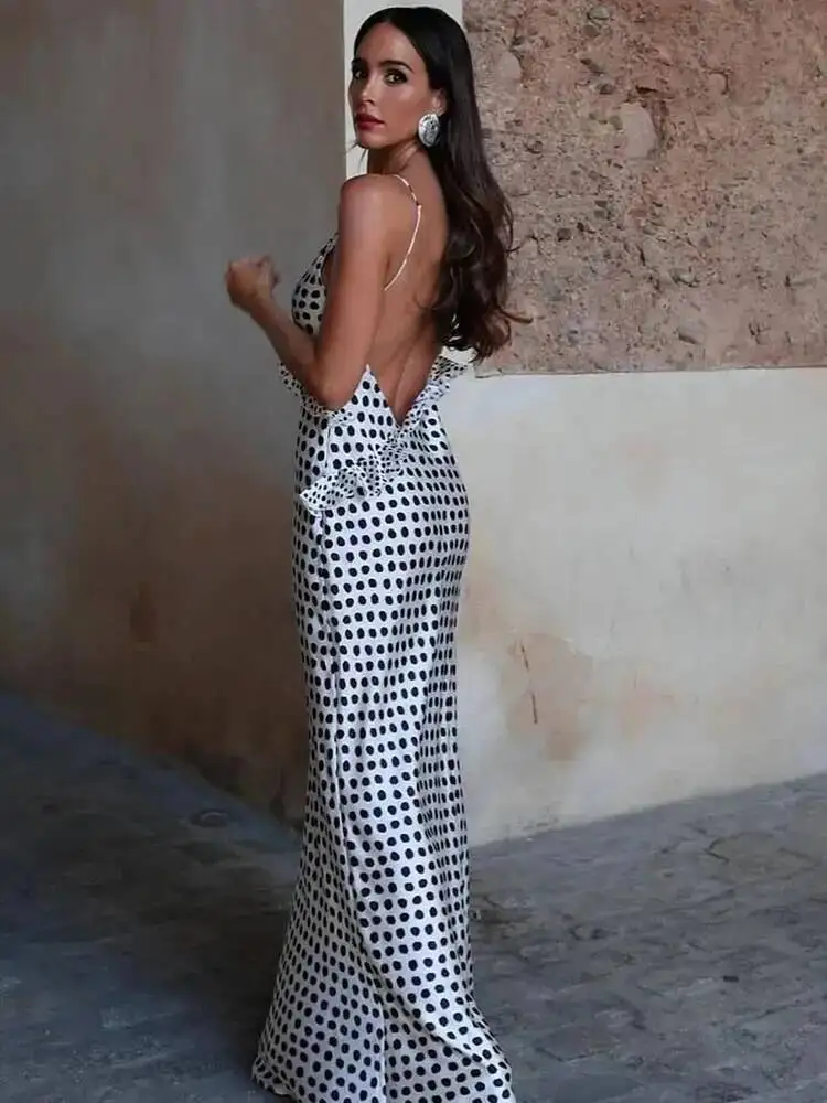 Seksowna sukienka maxi z odkrytymi plecami, wzorem w kropki i kwiaty, na ramiączkach spaghetti, sukienka wieczorowa, jesień, obcisła, elegancka, na imprezę, do klubu, sukienki 0PWN
