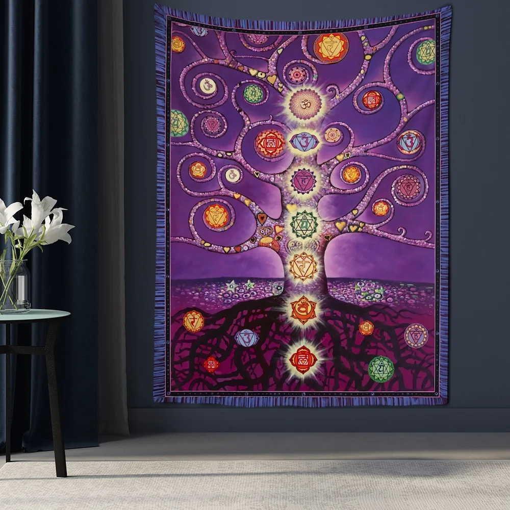 Siedem czakr drzewo życia gobelin drzewo fortuny Totem tło gobelin ścienny wiszący styl boho psychodelicznyTaro Home Decor