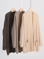 Autumn Winter Womens Casual Grace Cardigan Sweater 100% Merino Wool Solid Pocket Cashmere Knitwear Jumpers Korean Fashion 2023