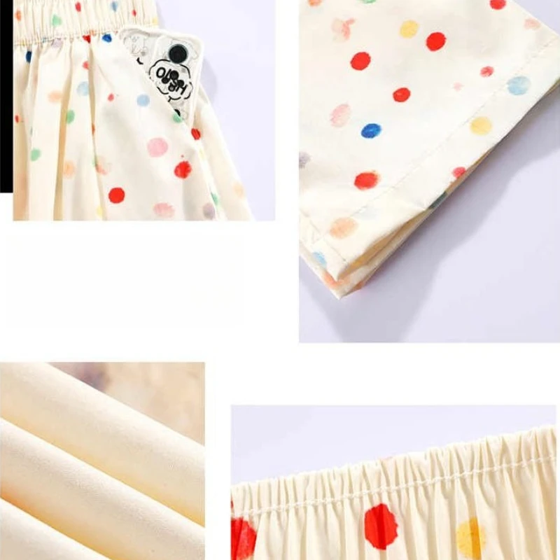 กางเกงขาสั้นเอวสูงผ้าไหมน้ำแข็งลายจุดสีรุ้งสำหรับผู้หญิง สไตล์ลำลอง กางเกงขาสั้นห้าส่วนทรงหลวม