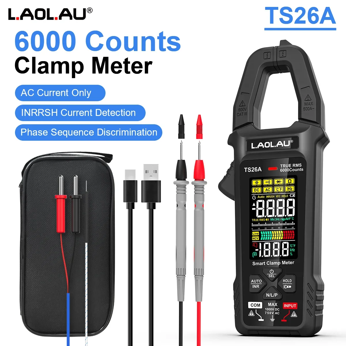 LAOLAU Digitales Zangenmultimeter, Phasenfolge, automatische Reichweite, Farbbildschirm, wiederaufladbar, AC/DC-Strom, elektrischer Tester TS26A TS26D – Detail 13
