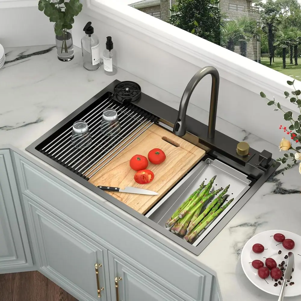 

Кухонная мойка 33x22 Black Kitchen Sink Drop In Waterfall - встраиваемая, из нержавеющей стали 16G, с одной чашей, ручной работы, для рабочей станции