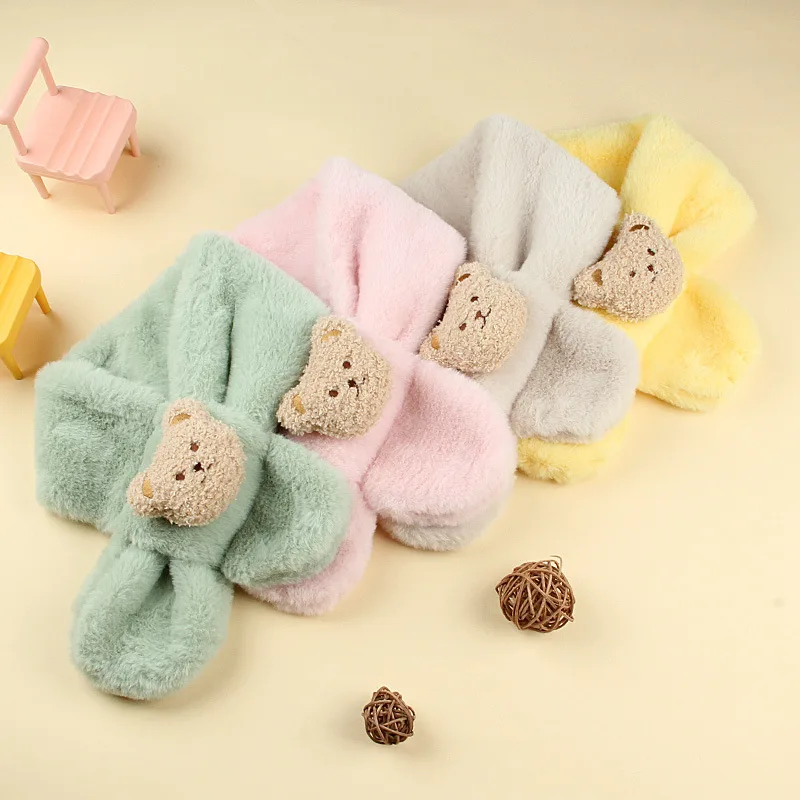 Korean Cute Bear Plush Baby Scarf Solid Color Winter Warm Scarves For Kids Girls Outdoor Warmer Cross Neckerchief