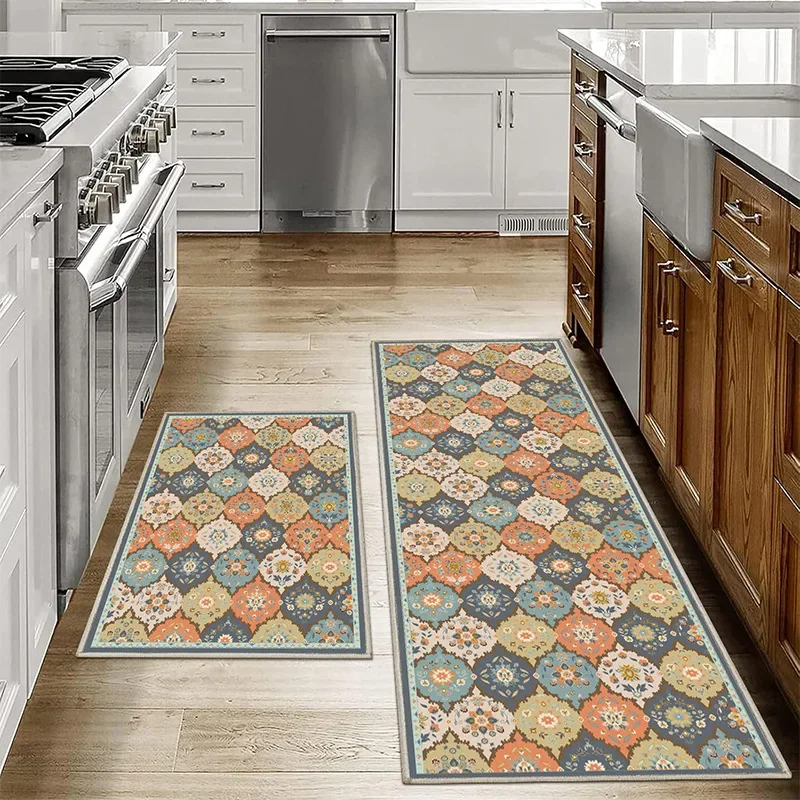 VIKAMA1/2PCS Bohemian Kitchen Floor Mats Anti-slip Washable Bathroom Bathroom Door Mats Hallway Aisle Floor Mats Home Decoration