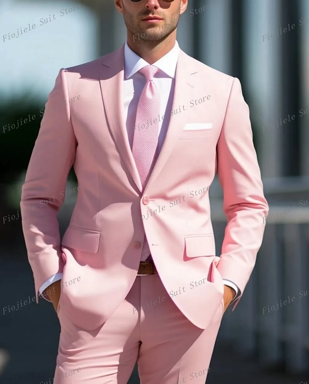 

New Pink Men Tuxedos Business Suit Groom Groomsman Prom Wedding Party Formal 2 Piece Set Jacket And Pants