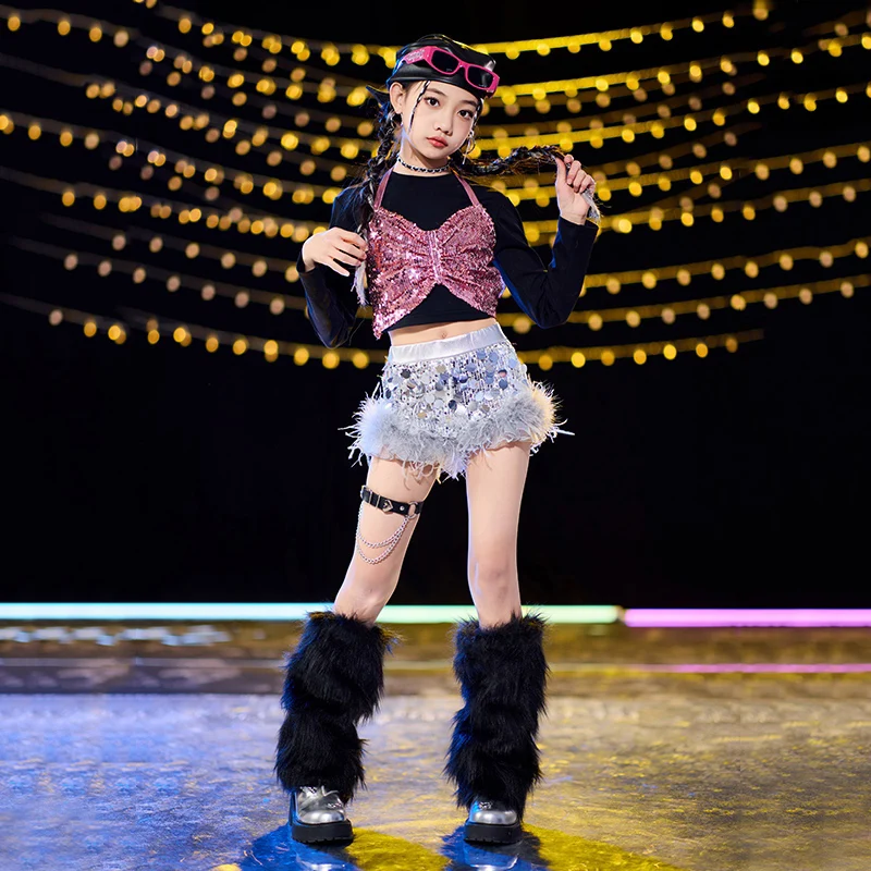 Kids Cheerlead Dance Costume Girls Jazz Performance Clothes Sequin Tops Silver Shorts Kpop Hip Hop Clothing Stage Wear BL14537