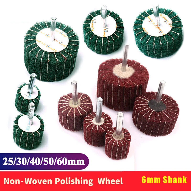 1Pcs 6MM Shank Non-woven Flap Sanding Wheel Fiber Abrasive Scouring Pad Polishing Grinding For Metal Cleaning Head Nylon