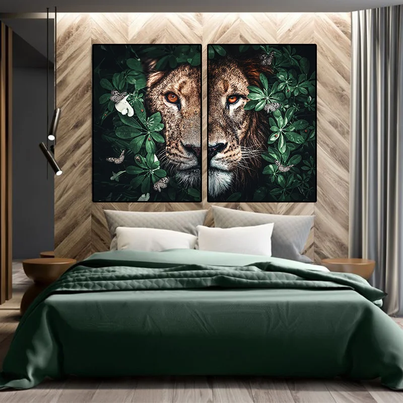 

2pcs/set Green Leaf Lion Cartoon Poster Modern Art Prints Animal Plant Canvas Painting Home Decor Picture For Living Room Decor